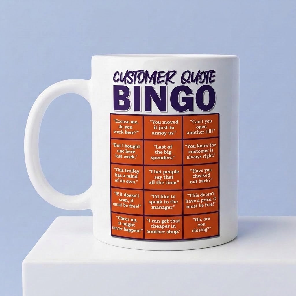 A white ceramic mug with a 'Customer Quote Bingo' print, displayed on a white pedestal against a light blue background.