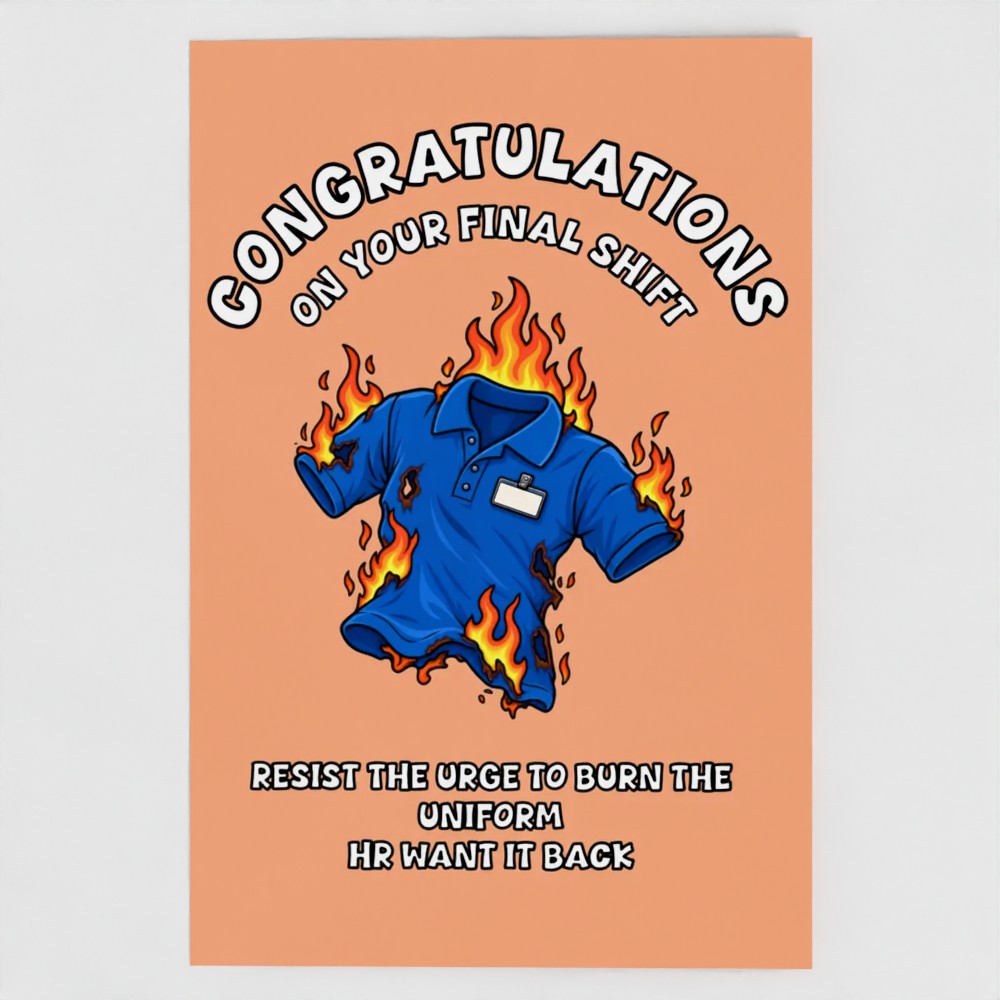 front image of a greetings card with a cartoon polo shirt on fire accompanied by the text: "Congratulations on your final shift. Resist the urge to burn the uniform. Hr want it back."