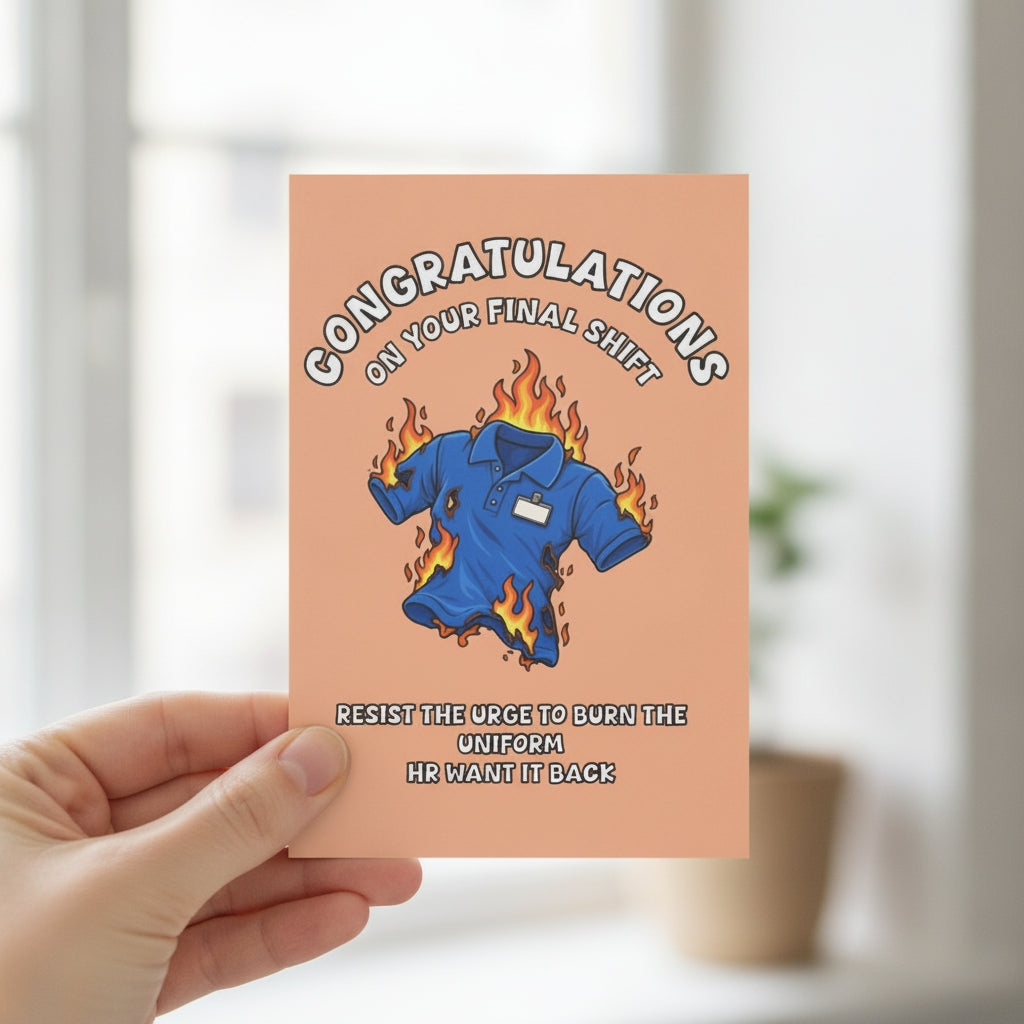 lifestyle image of a greetings card with a cartoon polo shirt on fire accompanied by the text: "Congratulations on your final shift. Resist the urge to burn the uniform. Hr want it back."