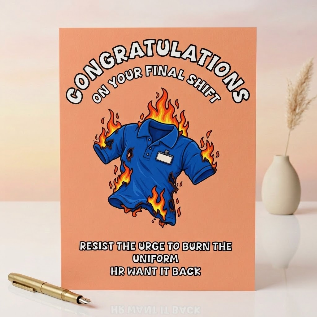 A peach-colored greeting card featuring a cartoon illustration of a blue work shirt engulfed in flames, with the text 'CONGRATULATIONS ON YOUR FINAL SHIFT' at the top and 'RESIST THE URGE TO BURN THE UNIFORM HR WANT IT BACK' at the bottom. The card is displayed on a white surface next to a gold pen and a small vase with dried grass.