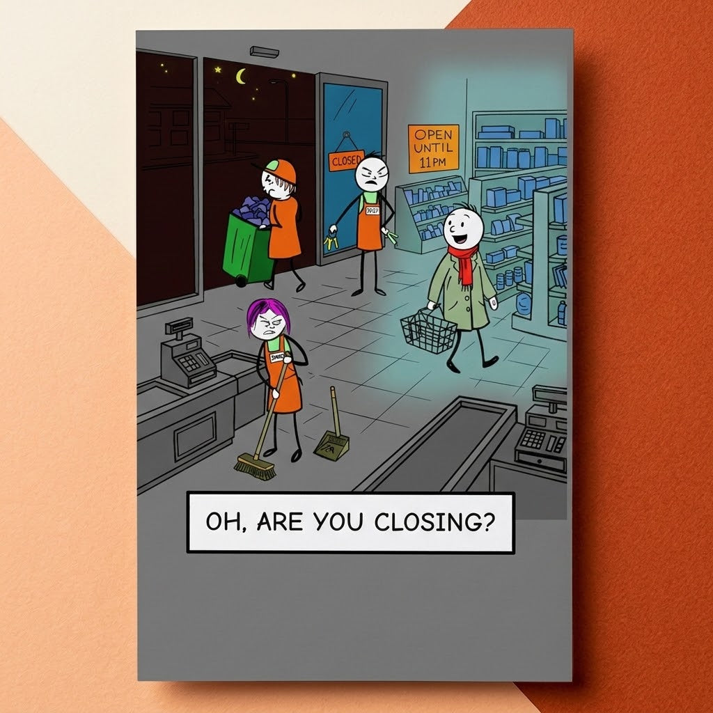 A rectangular illustrated greeting card or print shown against a warm peach and rust background. The artwork depicts a cartoon grocery store checkout scene with several stick-figure-like shoppers and workers, one holding a broom, and a sign reading 'OH, ARE YOU CLOSING?'.