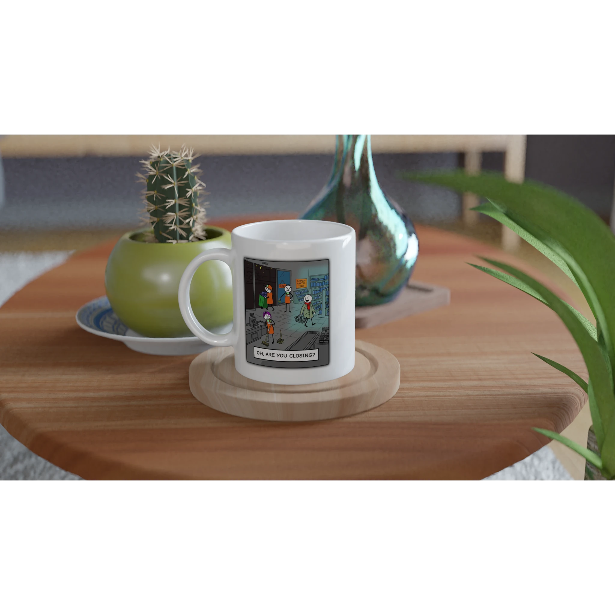 Lifestyle image of a mug featuring annoyed retail staff cleaning up at closing time while an oblivious customer asks, 'Oh, are you closing?' – humorous retail worker cartoon by Retailer Therapy