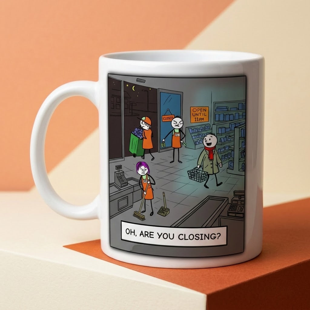 A white ceramic coffee mug with a printed cartoon comic strip on the front, set against a warm beige and orange geometric background.