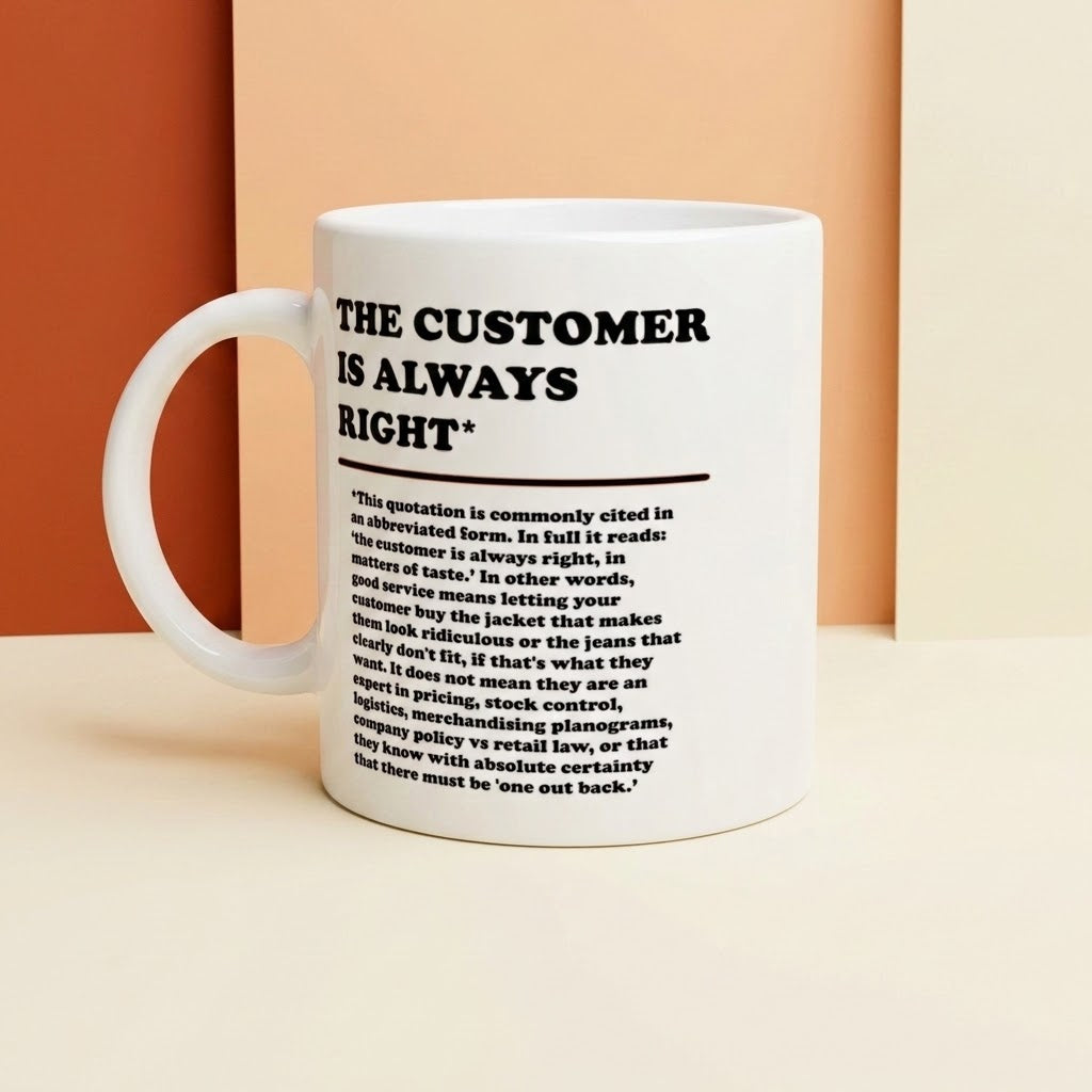 A white ceramic mug with black printed text reading 'THE CUSTOMER IS ALWAYS RIGHT*', shown on a warm beige background with a vertical orange stripe behind it.