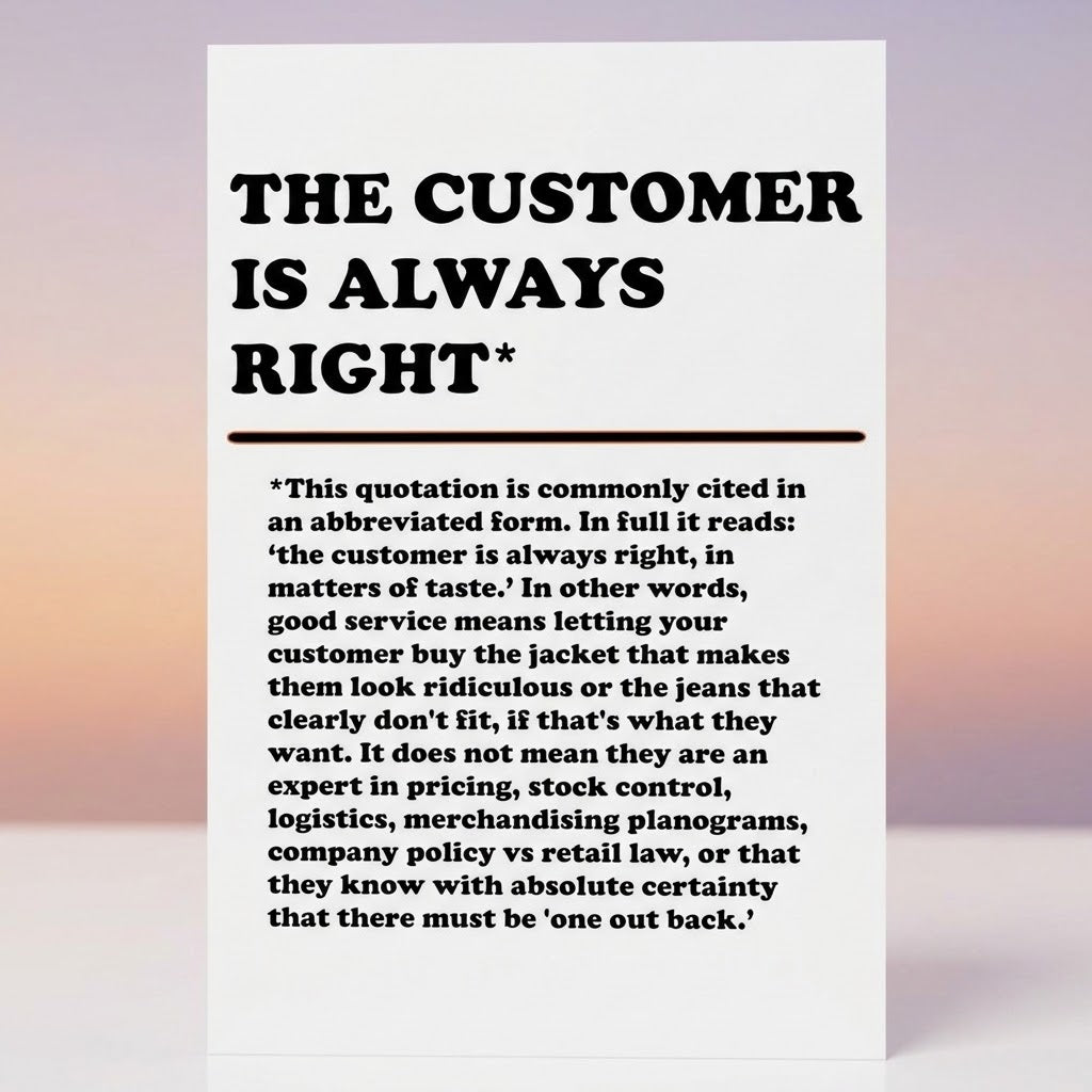 A vertical white greeting card or sign with bold black text reading “THE CUSTOMER IS ALWAYS RIGHT*” and a smaller quote below, shown against a soft pastel gradient background.