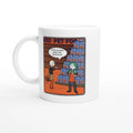 Front image of a mug with a cartoon image of a customer asking an exasperated retail worker if they know where the dog food is when they are both stood in front of a large display of dog food by Retailer Therapy