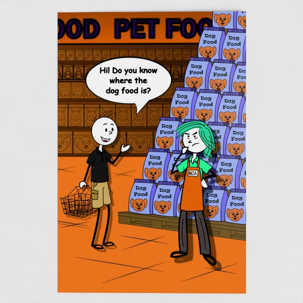Front view of a greetings card with a cartoon image of a customer asking a shop worker where the dog food is. The shop worker is stood in front of a large display of dog food. By Retailer Therapy