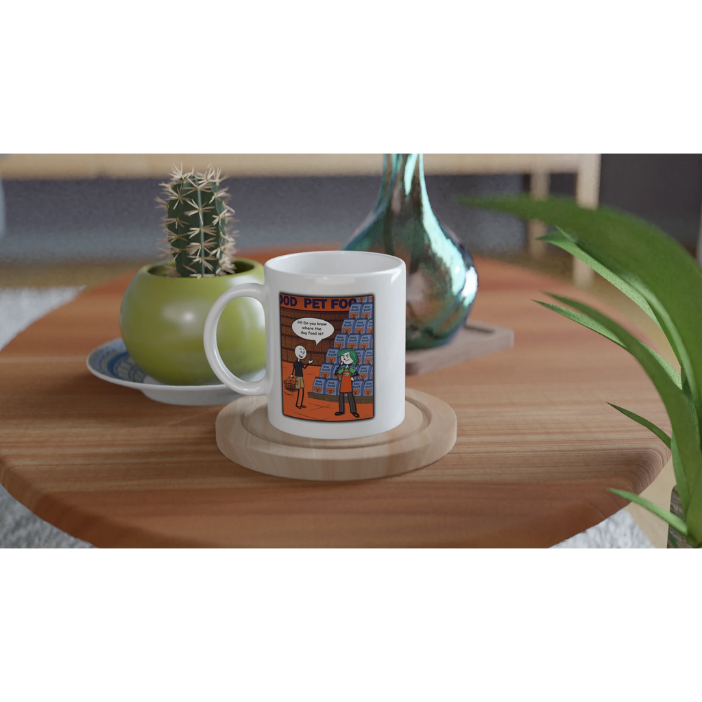 Lifestyle image of a mug featuring a cartoon image of a customer asking an exasperated retail worker if they know where the dog food is when they are both stood in front of a large display of dog food by Retailer Therapy