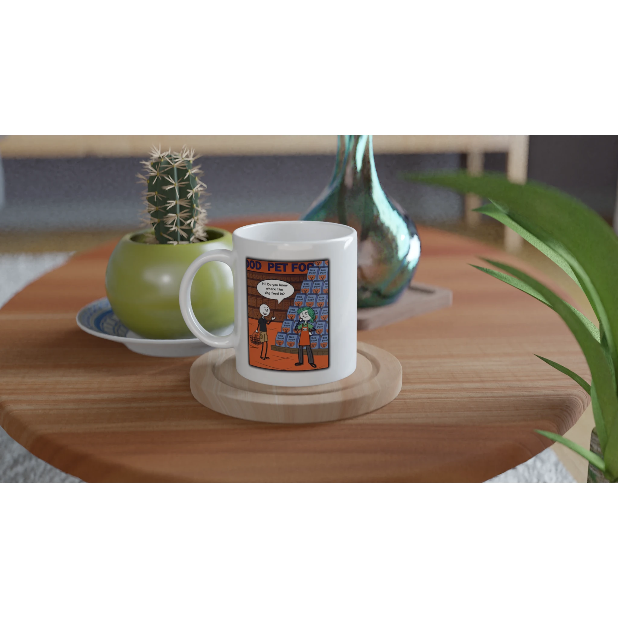 Lifestyle image of a mug featuring a cartoon image of a customer asking an exasperated retail worker if they know where the dog food is when they are both stood in front of a large display of dog food by Retailer Therapy