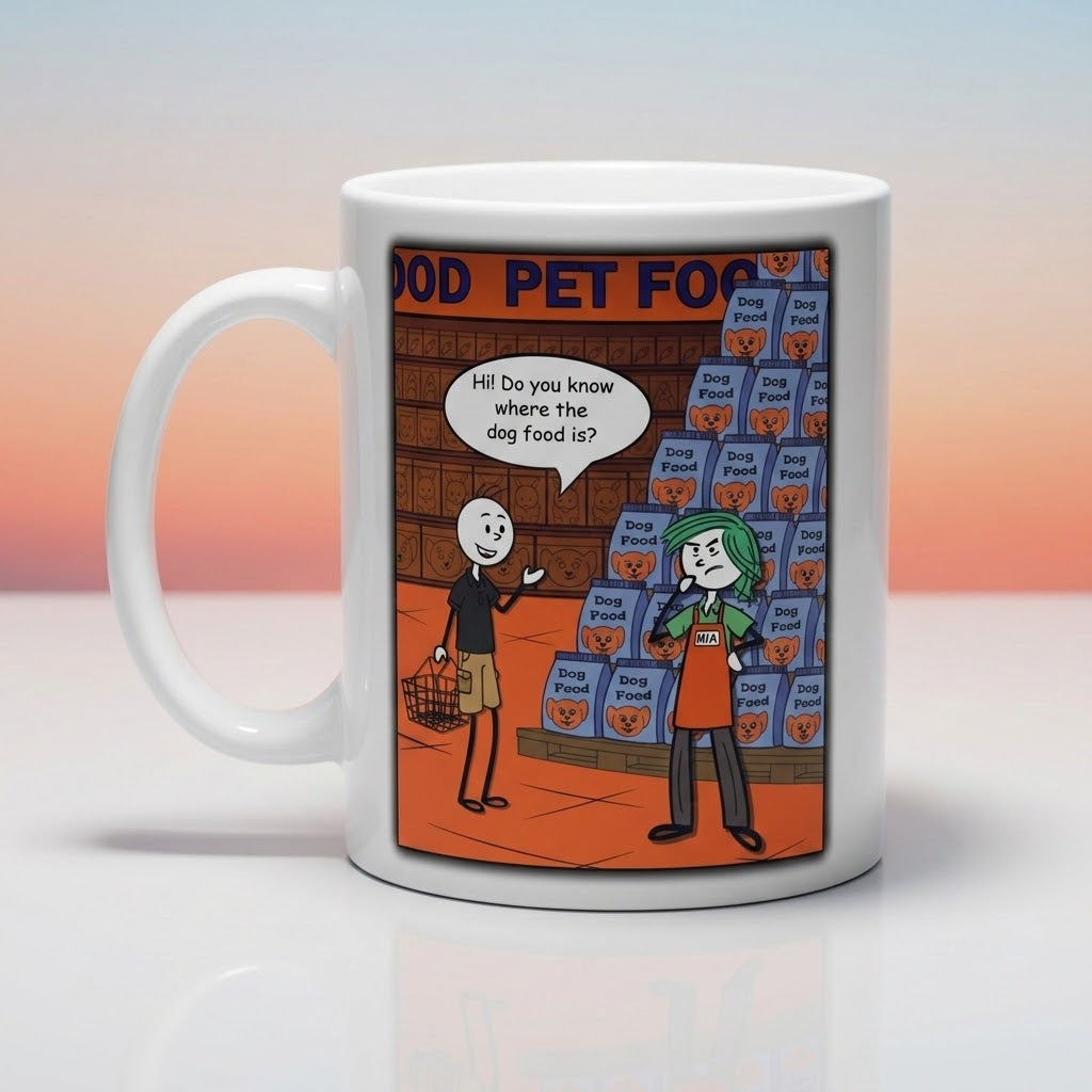 A white ceramic mug featuring a colorful cartoon illustration of a pet food store scene, displayed on a clean white surface with a soft gradient background.