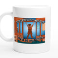 product image of a mug with an exuberant shop worker leaving their store with the text 'wherever you go next, you'll be amazing!'