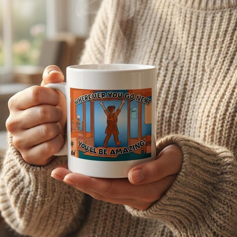 image of a woman in a knit sweater holding a mug with an exuberant shop worker leaving their store on it with the text 'wherever you go next, you'll be amazing!'