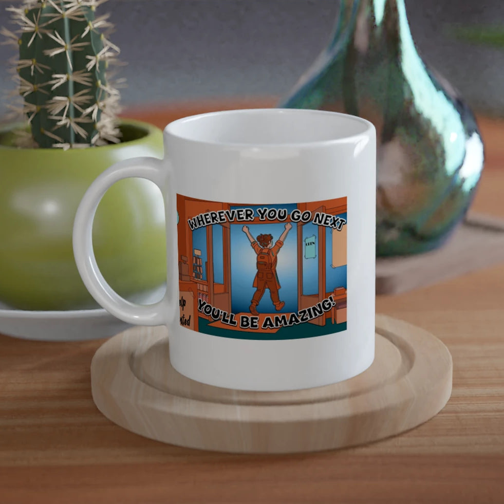 product image of a mug with an exuberant shop worker leaving their store with the text 'wherever you go next, you'll be amazing!'