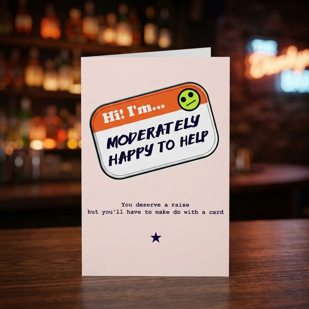 A novelty greeting card standing upright on a wooden table, with a blurred bar background. The card has a light pink background and a speech-bubble style label that reads 'Hi! I'm.