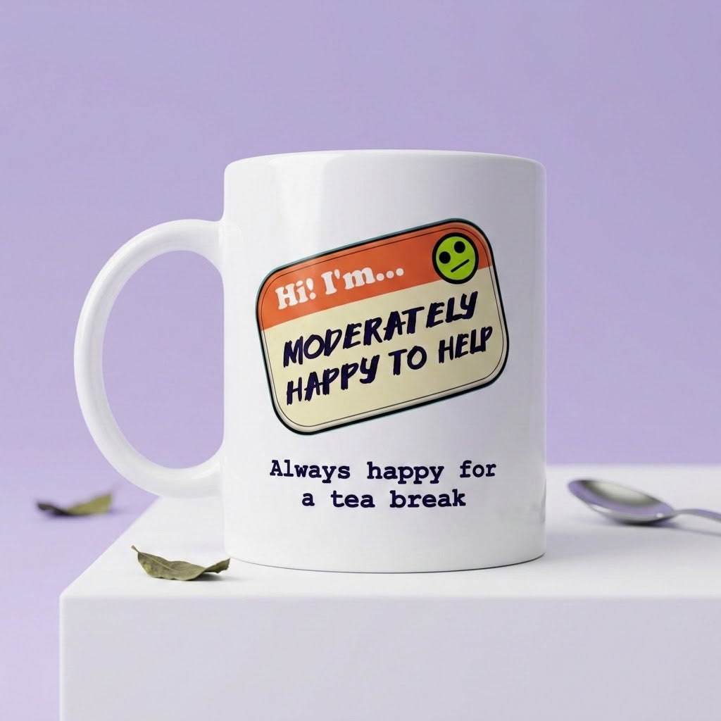 A white ceramic mug with a humorous 'Hello My Name Is' tag graphic that reads 'Hi! I'm.