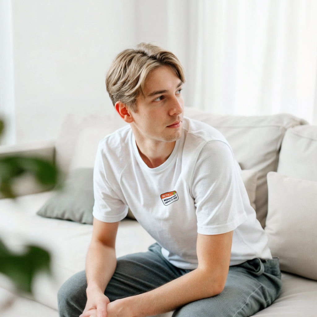 Lifestyle image of a young man wearing a black t-shirt with a printed imitation nametag saying 'Hi! I'm Moderately Here to Help' by Retailer Therapy