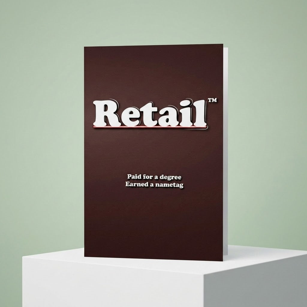 A novelty book or folder titled 'Retail' with the subtitle 'Paid for a degree Earned a nametag', standing upright on a white pedestal against a pale green background.