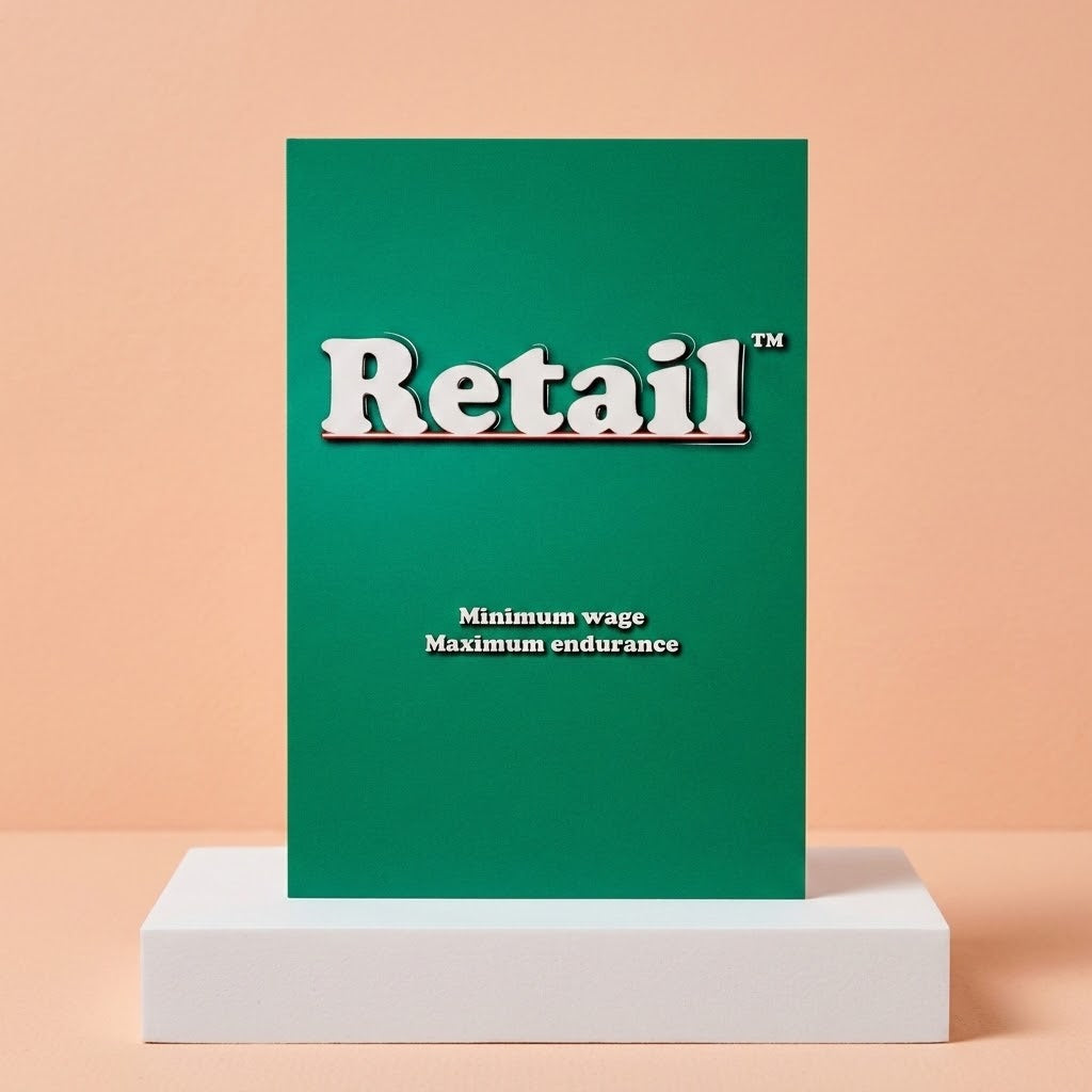 A green rectangular sign or poster with the word 'Retail' in large white letters and smaller white text reading 'Minimum wage Maximum endurance,' displayed upright on a white pedestal against a peach background.