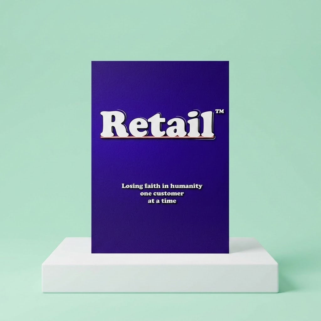 A purple rectangular sign or poster with the word 'Retail' in large white letters and smaller white text below, displayed upright on a white pedestal against a mint green background.