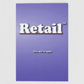 Front view of a blue greetings card featuring the phrase "Retail - Yes, We're Open' in a bold white typeface by Retailer Therapy.