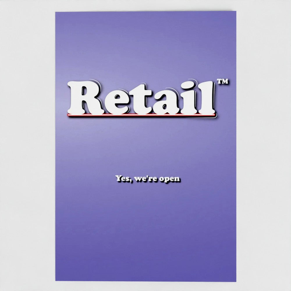 Front view of a blue greetings card featuring the phrase "Retail - Yes, We're Open' in a bold white typeface by Retailer Therapy.