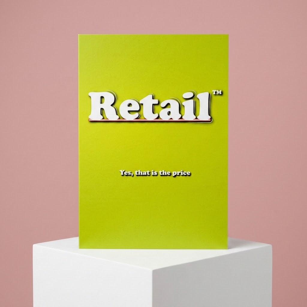 A lime green rectangular sign or poster with the word 'Retail' in large white letters and the phrase 'Yes, that is the price' below it, displayed on a white pedestal against a dusty pink background.