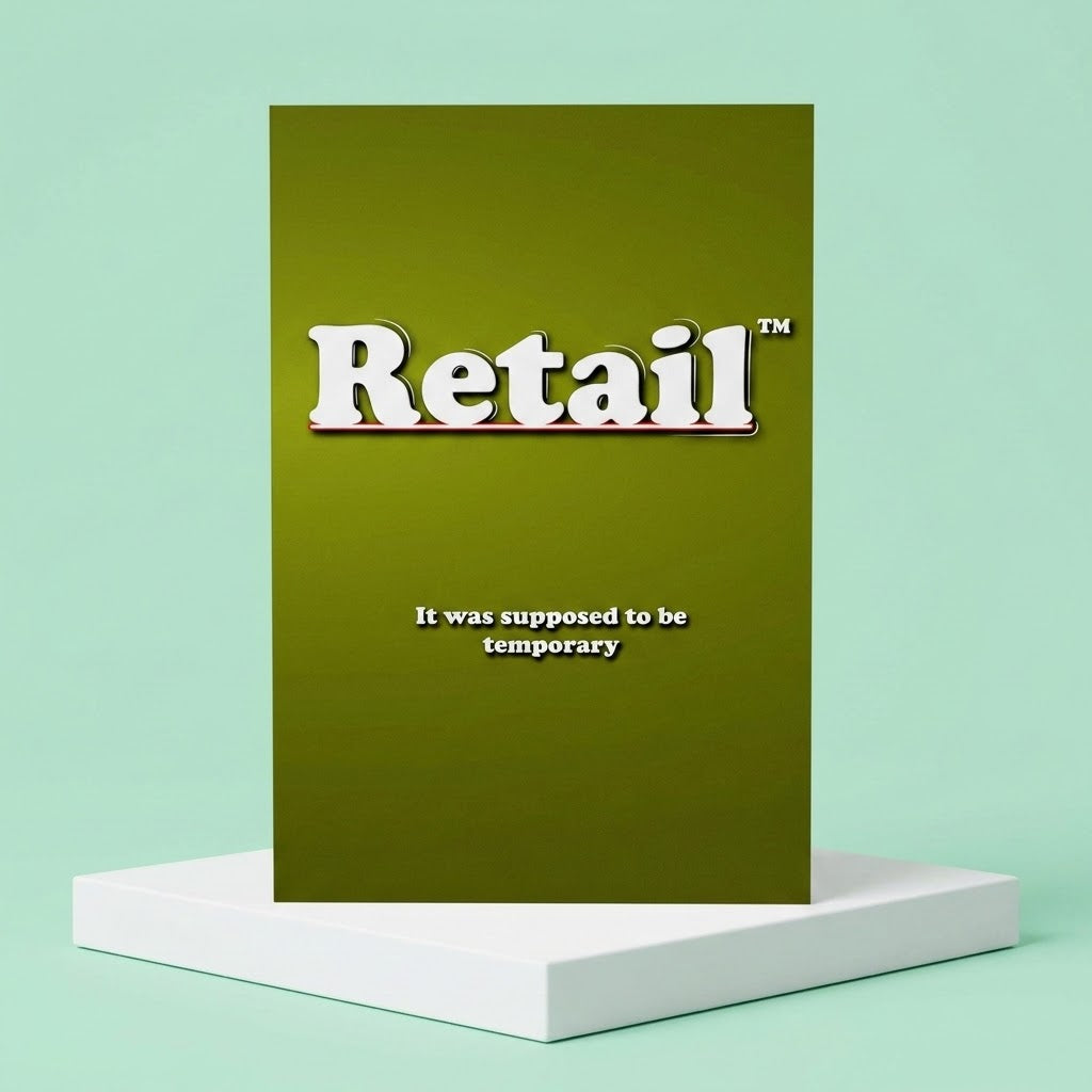 A vertical olive green sign or poster on a white pedestal against a mint green background. The sign features the word 'Retail' in large white letters with a black outline and a trademark symbol, with the phrase 'It was supposed to be temporary' written below in smaller white text.