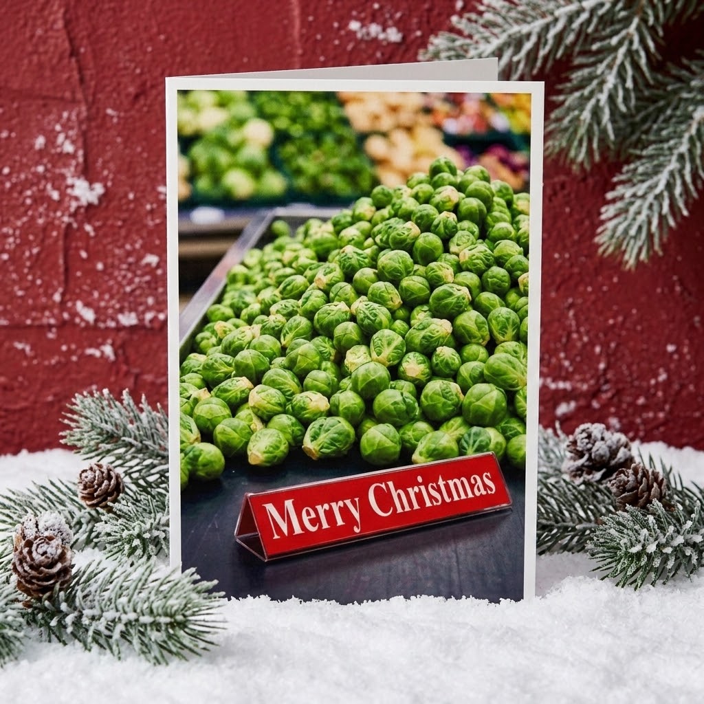 image of a greetings card in a christmassy scene. the card depicts a mound of brussel sprouts on a supermarket checkout. the divider says 'merry christmas'