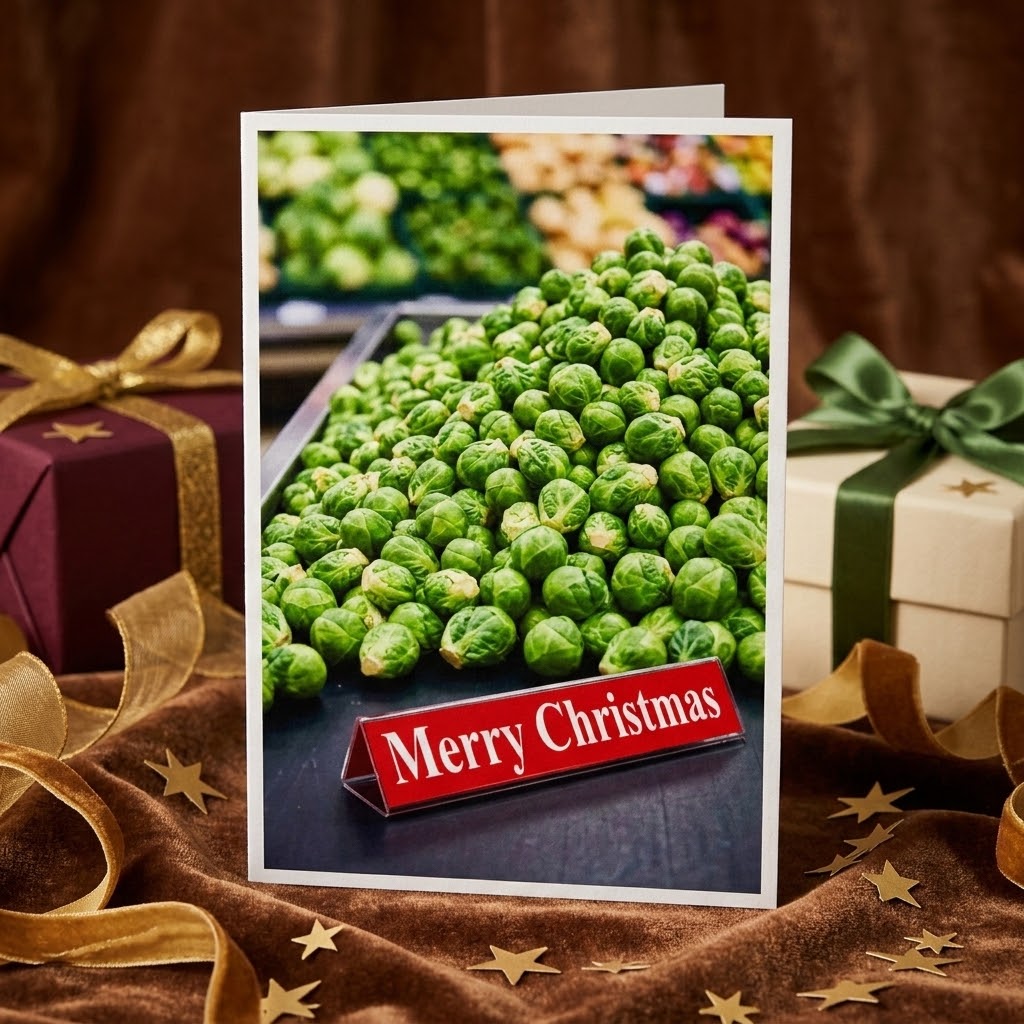 A Christmas greeting card featuring a close-up photo of a pile of green Brussels sprouts with a red 'Merry Christmas' banner, styled on a brown velvet fabric with gold star accents and gift boxes with ribbons.
